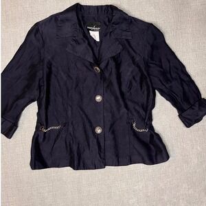 Positive Attitude Petite Navy Blue Linen‎ Blend Chain Detail Blazer Jacket